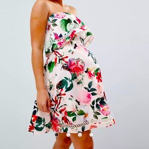 ASOS DESIGN Maternity floral bandeau ruffle mini dress with crochet trim